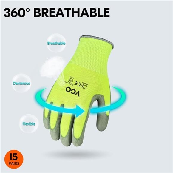 Vgo... 15-Pairs Safety Work Gloves, Gardening Gloves, Polyurethane Coated - Picture 4 of 6